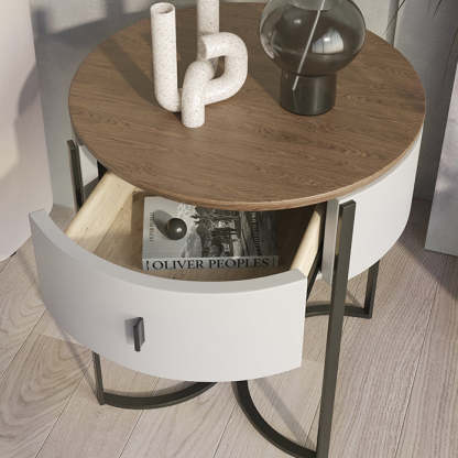 Nordic Wood Round Iron Nightstand 1-Drawer