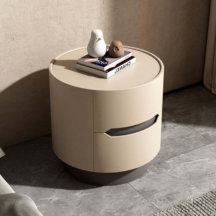 Nordic Wood Round Nightstand 2-Drawer Cabinet — Beige