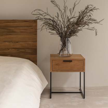 Japanese Wood Iron-Base Nightstand 1-Drawer
