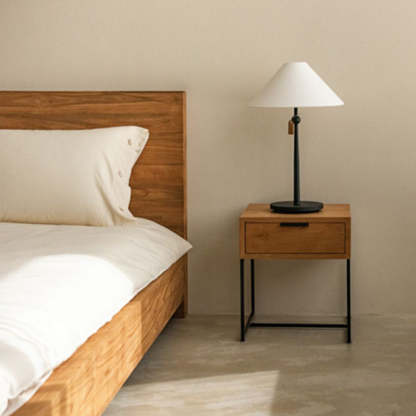 Japanese Wood Iron-Base Nightstand 1-Drawer