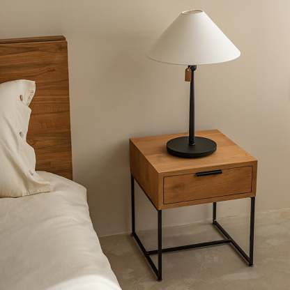 Japanese Wood Iron-Base Nightstand 1-Drawer