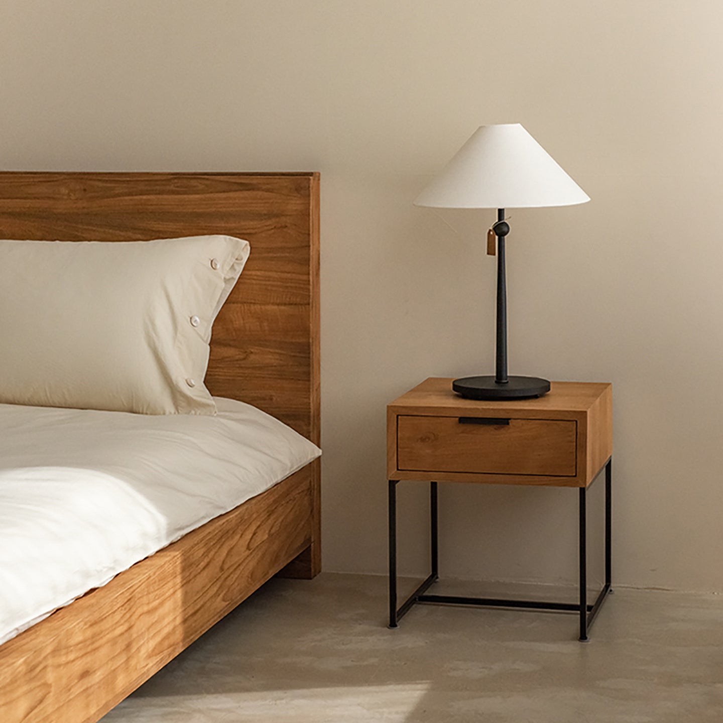 Japanese Wood Iron-Base Nightstand 1-Drawer — Wood Color