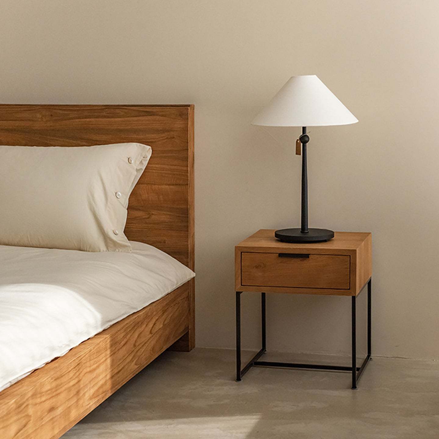 Japanese Wood Iron-Base Nightstand 1-Drawer — Wood Color
