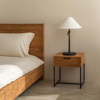 Japanese Wood Iron-Base Nightstand 1-Drawer — Wood Color
