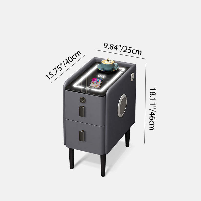 Contemporary Narrow Glass Leather 2-Drawer Nightstand — Gray / Tri-Color LED Lamp & Wireless Charging & USB Ports & Dual Bluetooth Speaker & Fingerprint Lock