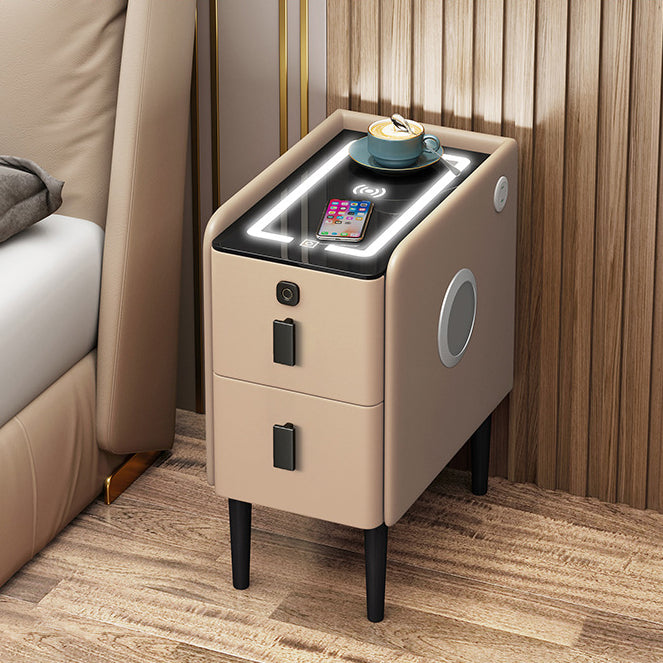 Contemporary Narrow Glass Leather 2-Drawer Nightstand