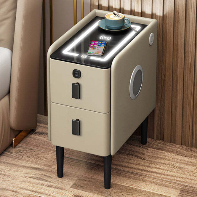Contemporary Narrow Glass Leather 2-Drawer Nightstand — Khaki / Tri-Color LED Lamp & Wireless Charging & USB Ports & Dual Bluetooth Speaker & Fingerprint Lock