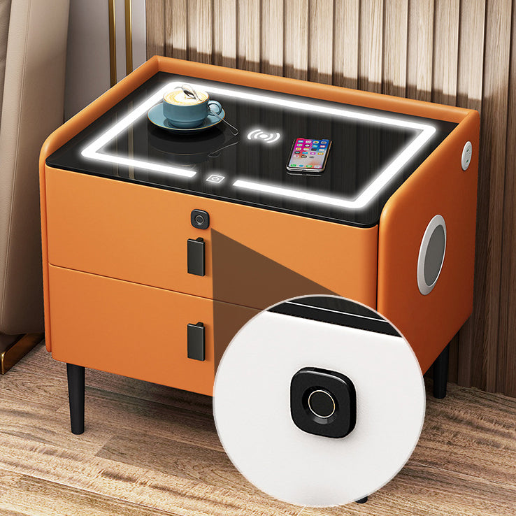 Contemporary Narrow Glass Leather 2-Drawer Nightstand