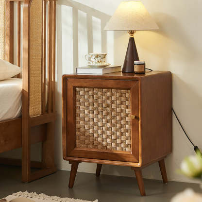 Retro Cube Rattan Solid Wood 2-Cabinet Nightstand
