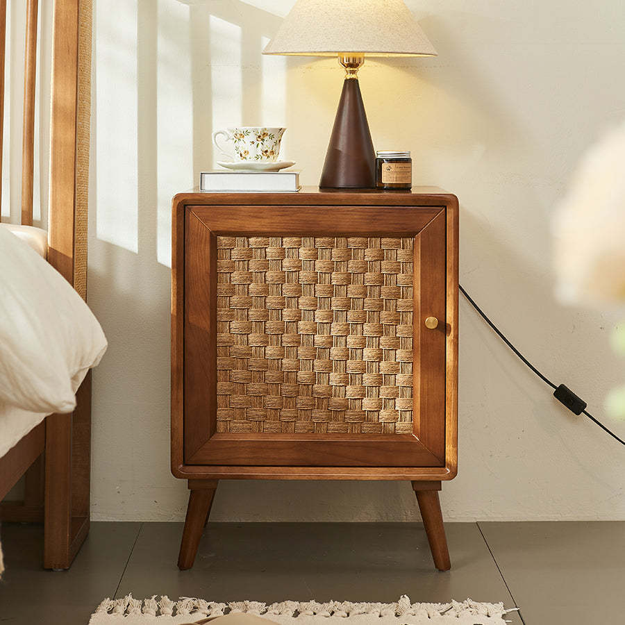 Retro Cube Rattan Solid Wood 2-Cabinet Nightstand