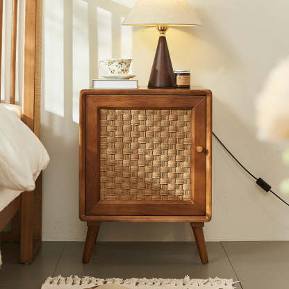 Retro Cube Rattan Solid Wood 2-Cabinet Nightstand