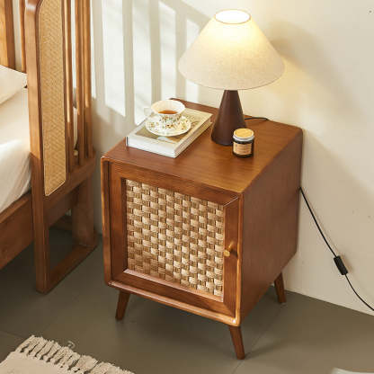 Retro Cube Rattan Solid Wood 2-Cabinet Nightstand