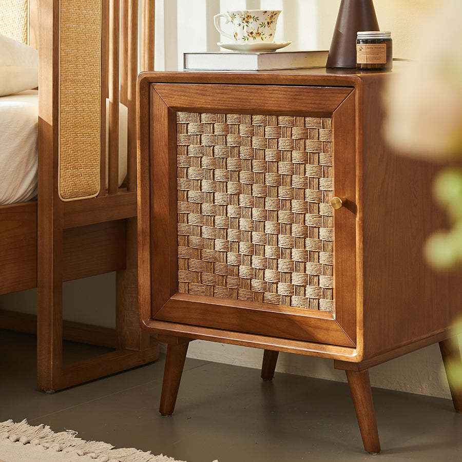 Retro Cube Rattan Solid Wood 2-Cabinet Nightstand