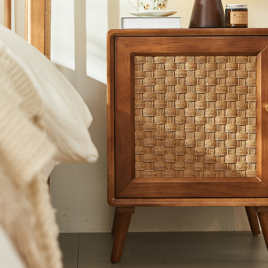 Retro Cube Rattan Solid Wood 2-Cabinet Nightstand