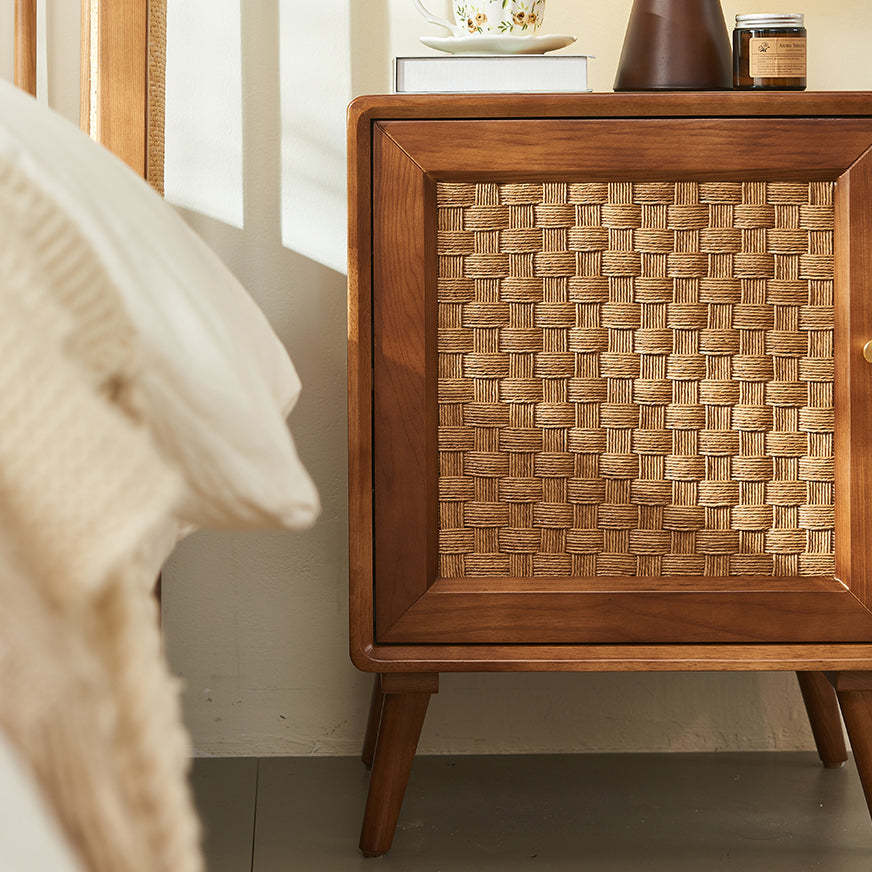 Retro Cube Rattan Solid Wood 2-Cabinet Nightstand