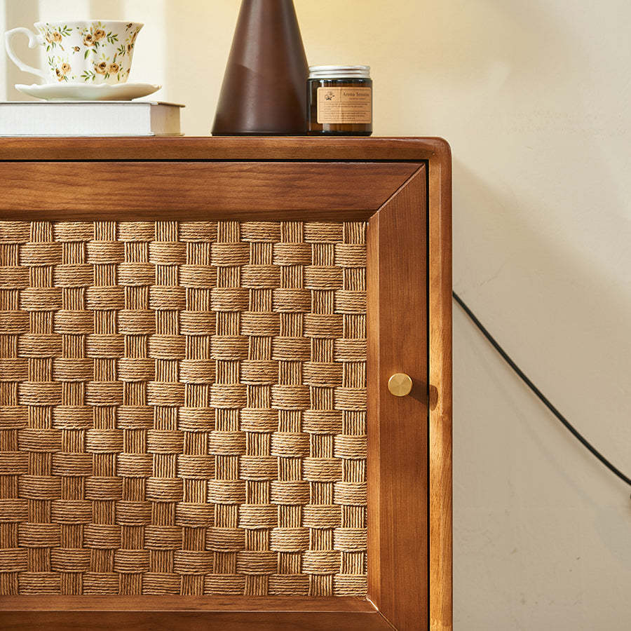 Retro Cube Rattan Solid Wood 2-Cabinet Nightstand — Left-side Drawer Pull / Black