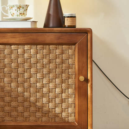 Retro Cube Rattan Solid Wood 2-Cabinet Nightstand — Left-side Drawer Pull / Black