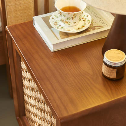 Retro Cube Rattan Solid Wood 2-Cabinet Nightstand — Left-side Drawer Pull / Cherry Wood Color