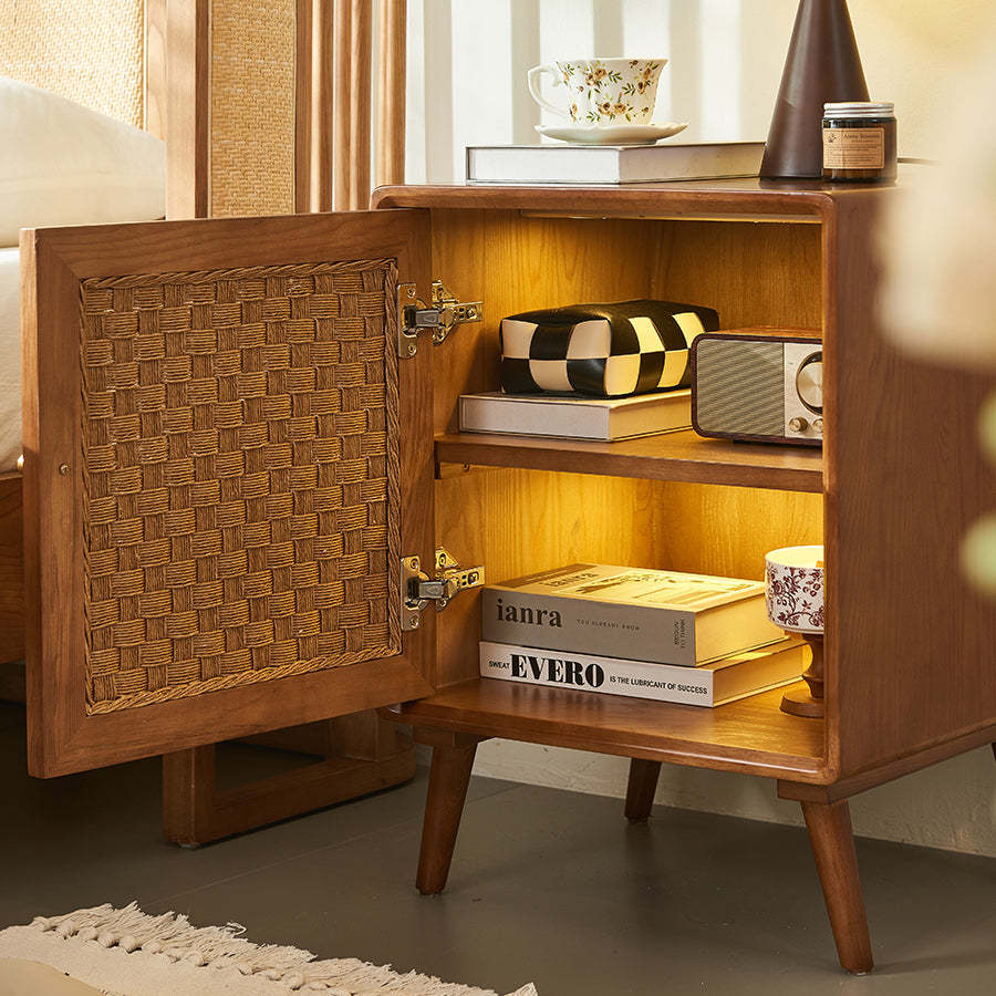 Retro Cube Rattan Solid Wood 2-Cabinet Nightstand