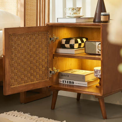 Retro Cube Rattan Solid Wood 2-Cabinet Nightstand