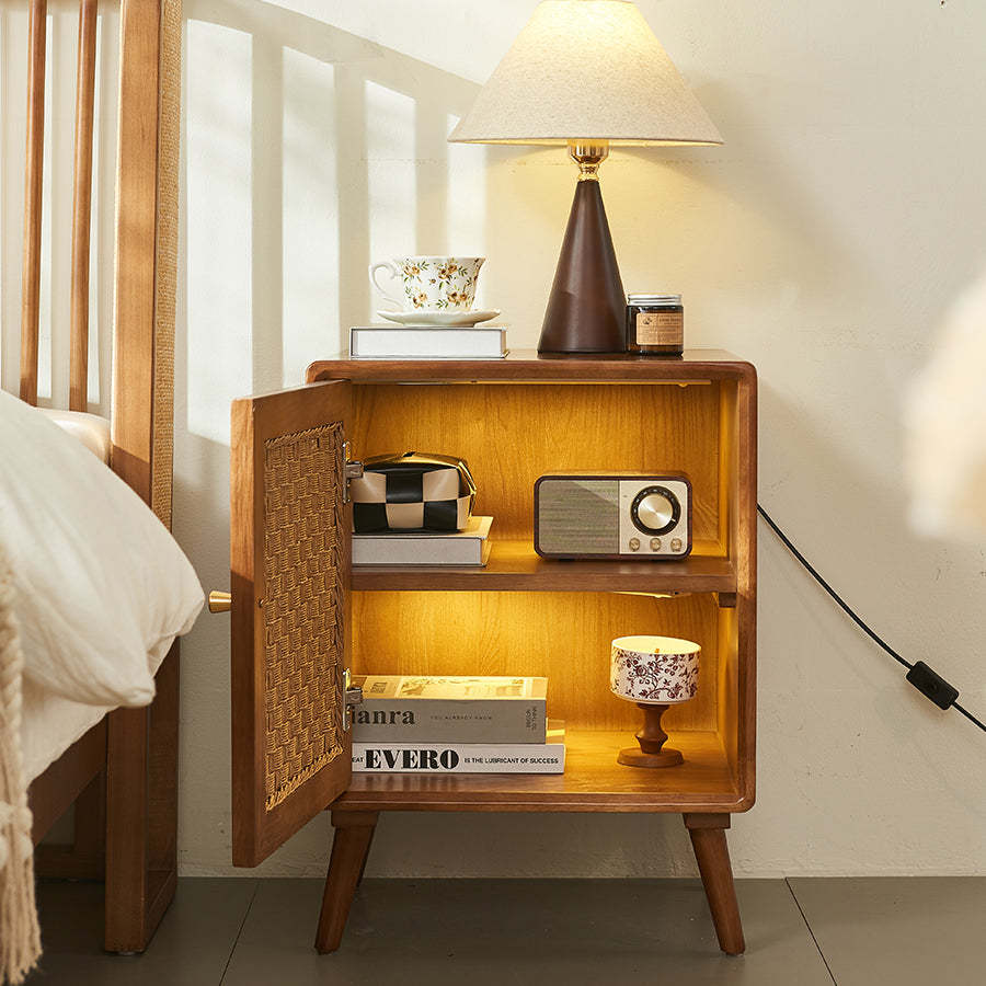 Retro Cube Rattan Solid Wood 2-Cabinet Nightstand