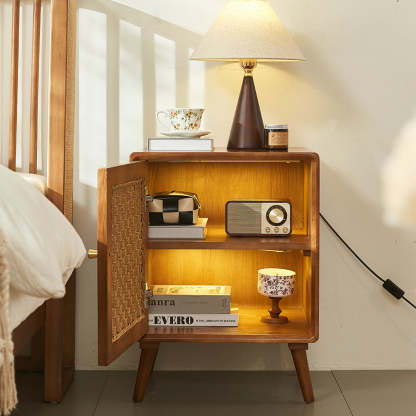 Retro Cube Rattan Solid Wood 2-Cabinet Nightstand