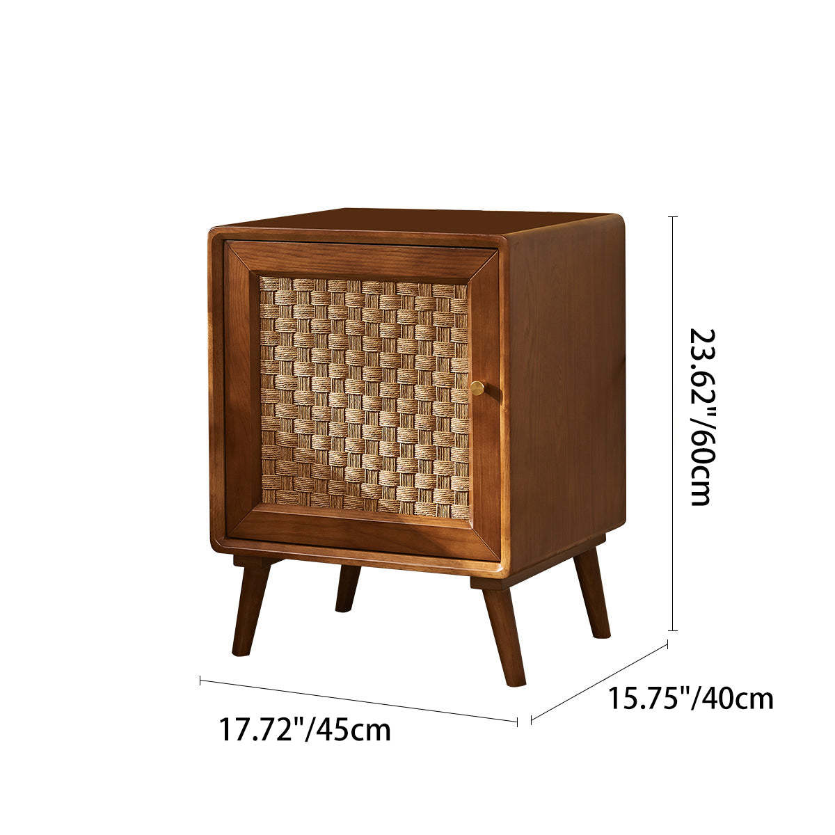 Retro Cube Rattan Solid Wood 2-Cabinet Nightstand — Left-side Drawer Pull / Walnut Wood Color
