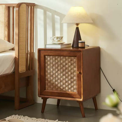 Retro Cube Rattan Solid Wood 2-Cabinet Nightstand