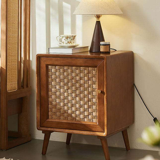 Retro Cube Rattan Solid Wood 2-Cabinet Nightstand