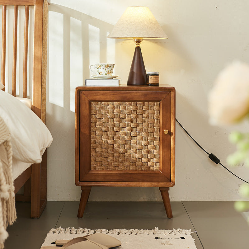 Retro Cube Rattan Solid Wood 2-Cabinet Nightstand — Right-side Drawer Pull / Walnut Wood Color