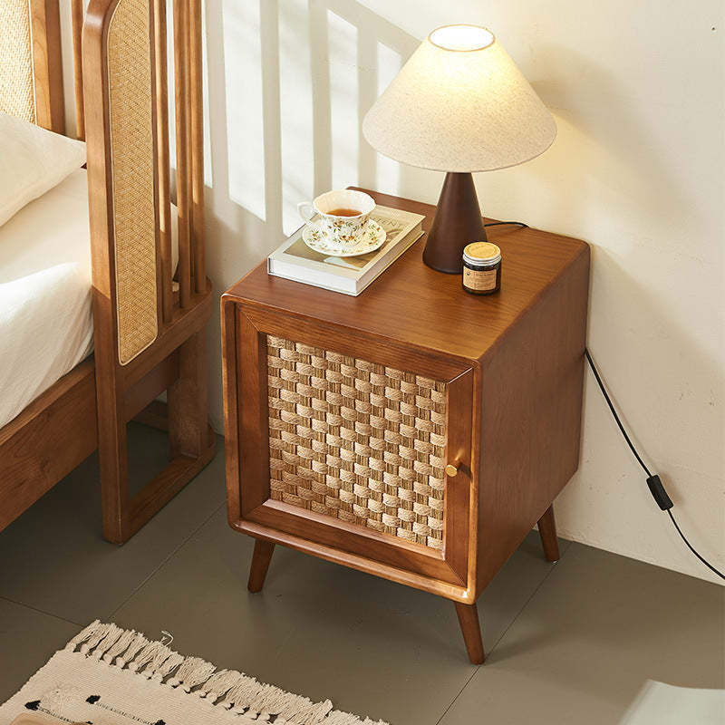 Retro Cube Rattan Solid Wood 2-Cabinet Nightstand — Right-side Drawer Pull / Cherry Wood Color