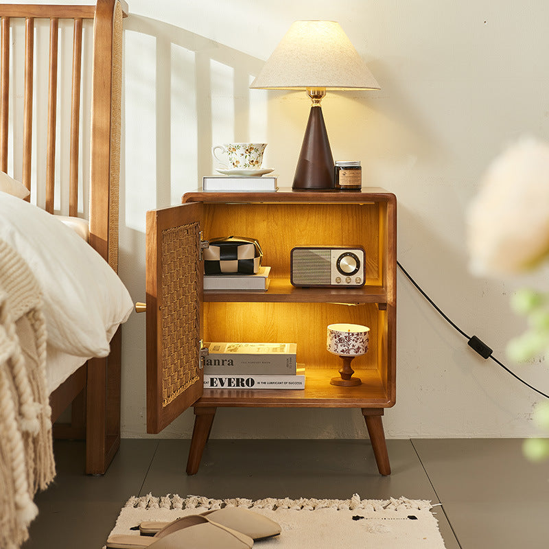Retro Cube Rattan Solid Wood 2-Cabinet Nightstand — Right-side Drawer Pull / Black