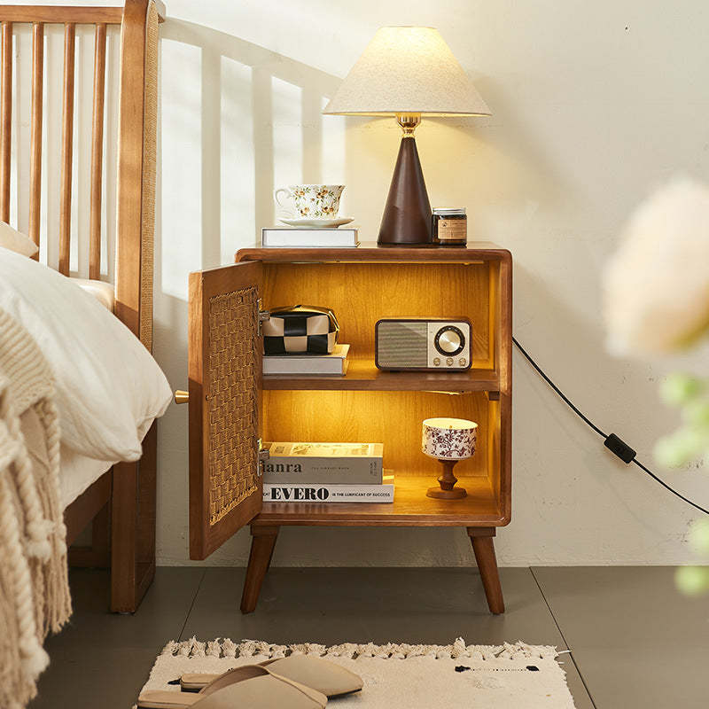 Retro Cube Rattan Solid Wood 2-Cabinet Nightstand — Right-side Drawer Pull / Black