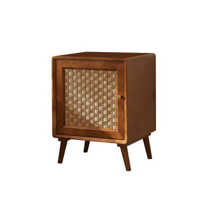 Retro Cube Rattan Solid Wood 2-Cabinet Nightstand