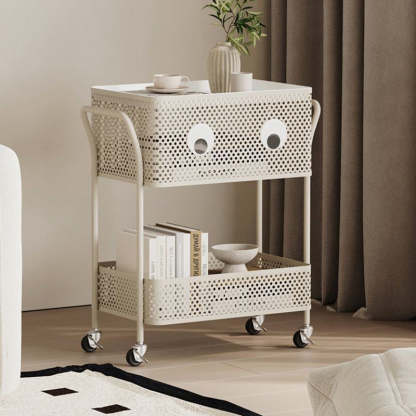 Contemporary Plastic Carbon Steel 2-Tier Rolling End Table — White