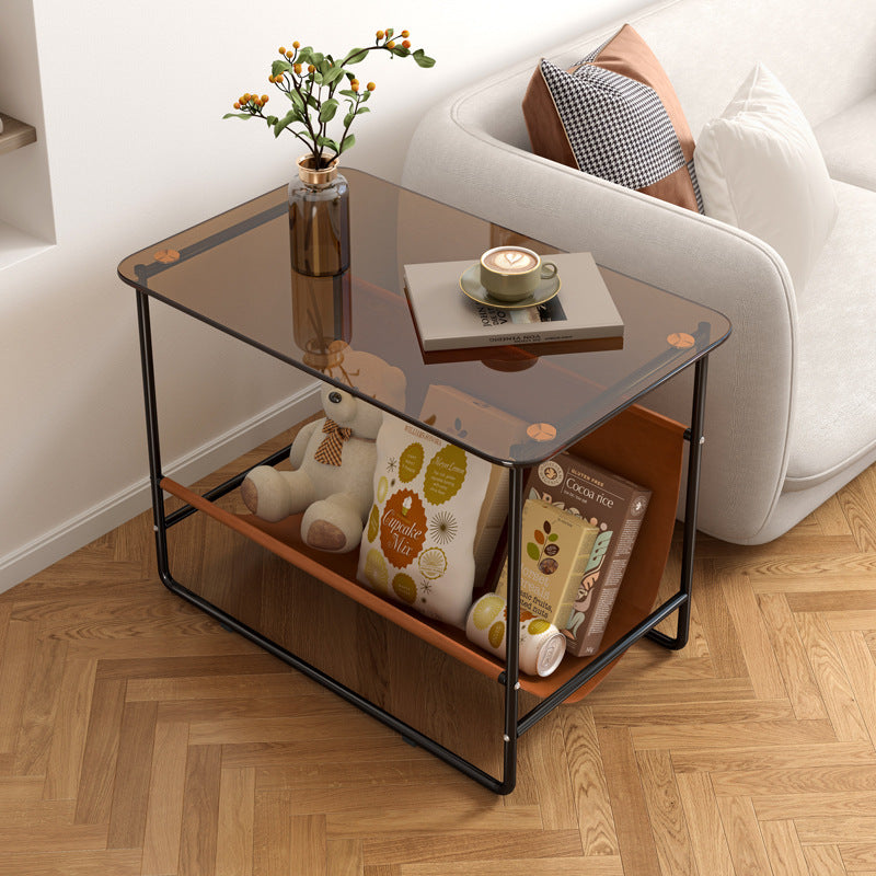 Glass Metal Frame End Table 2-Tier — Tea Colored Glass + Black Frame