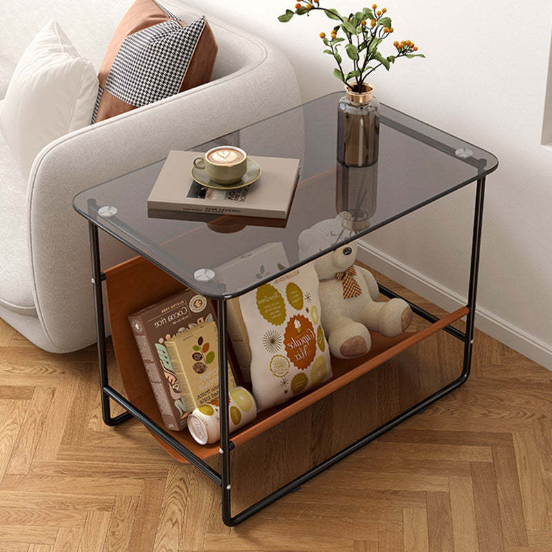 Glass Metal Frame End Table 2-Tier — Black Glass + Black Frame
