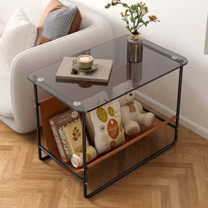 Glass Metal Frame End Table 2-Tier — Black Glass + Black Frame