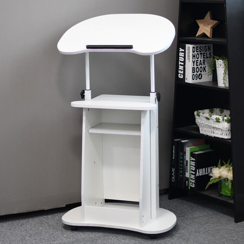 Minimalist Curved Solid Wood 2-Tier Mobile Desk — Walnut Wood Grain