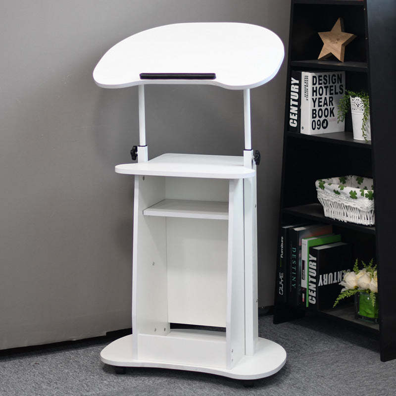 Minimalist Curved Solid Wood 2-Tier Mobile Desk — Walnut Wood Grain
