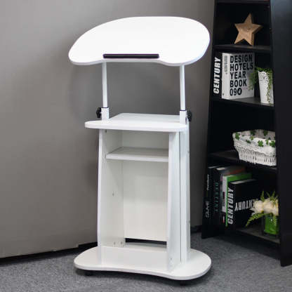 Minimalist Curved Solid Wood 2-Tier Mobile Desk — Walnut Wood Grain