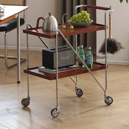 Retro Solid Wood Tray 2-Tier Rolling Cart