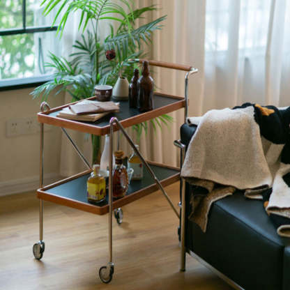Retro Solid Wood Tray 2-Tier Rolling Cart
