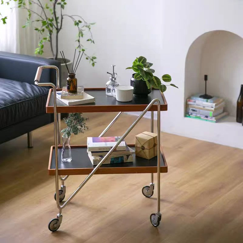 Retro Solid Wood Tray 2-Tier Rolling Cart
