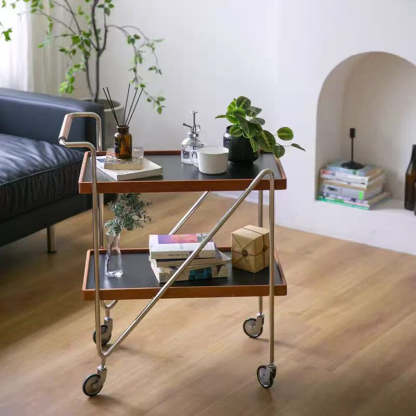 Retro Solid Wood Tray 2-Tier Rolling Cart