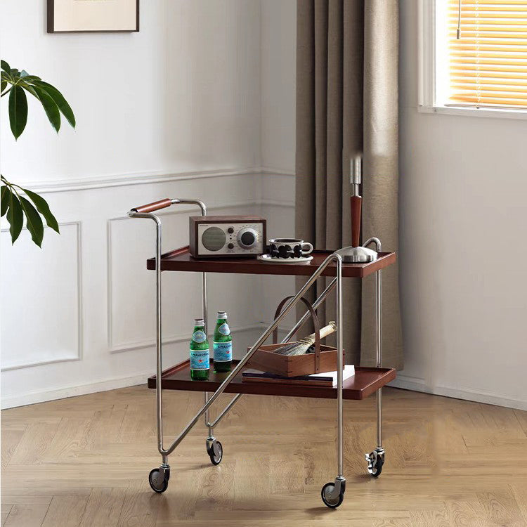 Retro Solid Wood Tray 2-Tier Rolling Cart — Cherry Wood Color Table Top