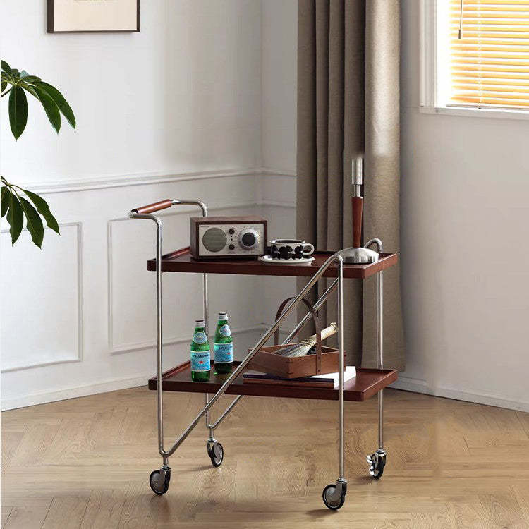 Retro Solid Wood Tray 2-Tier Rolling Cart — Cherry Wood Color Table Top