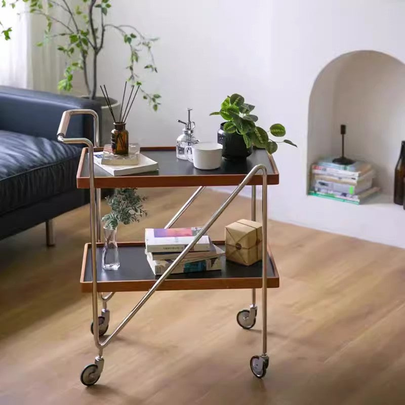 Retro Solid Wood Tray 2-Tier Rolling Cart — Black Table Top