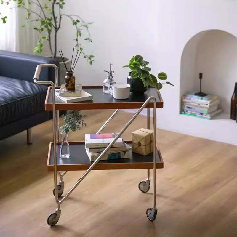 Retro Solid Wood Tray 2-Tier Rolling Cart — Black Table Top