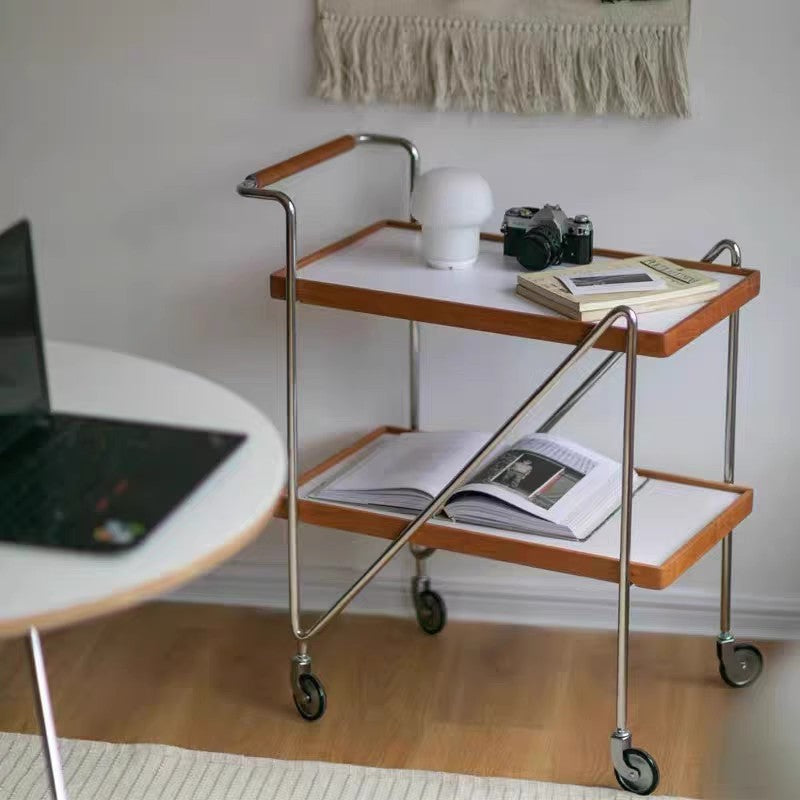 Retro Solid Wood Tray 2-Tier Rolling Cart
